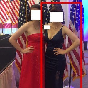 Windsor Satin Trumpet V-Neck Dress (Blue) (Size S)